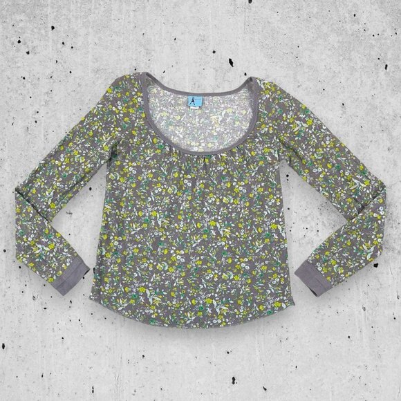 Vintage Y2K Damsel LARGE Scoop Neck Ribbed Knit Thermal Floral Ditsy Shirt - Picture 1 of 10